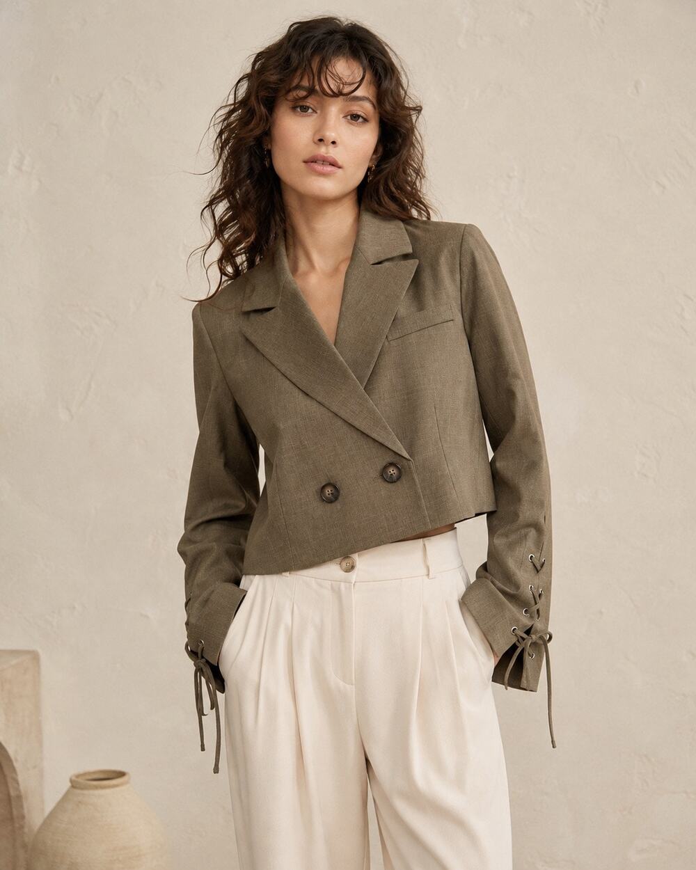 Miss Selfridge ASOS Cropped Blazer US 4 Taupe Double Breasted Lace Up Sleeves